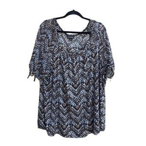 Lane Bryant Peasant‎ Tribal Zigzag Scoop Neck 3/4 Puff Sleeve Top Brown Sz 26/28
